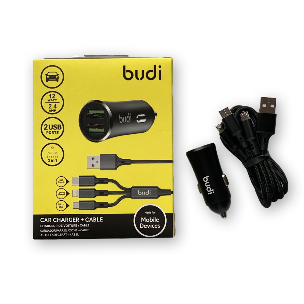 bez-nazvy-1.jpg Автомобільний зарядний пристрій Budi Car Phone Charger 3 In 1 Fast Charging Cable - Зображення 1